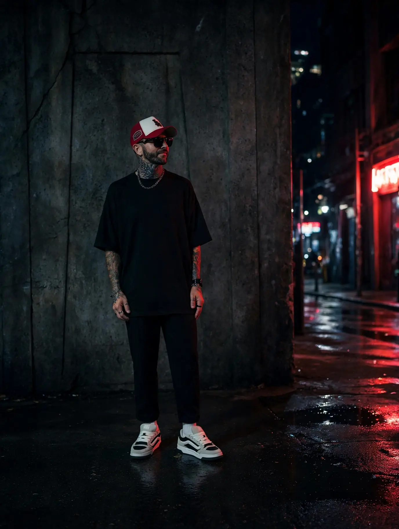 Ryan McNutt in all black on a night street